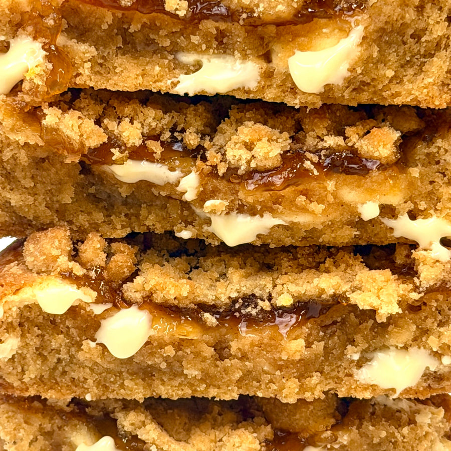 Inside a broken-open Apple Crumble & White Chocolate cookie