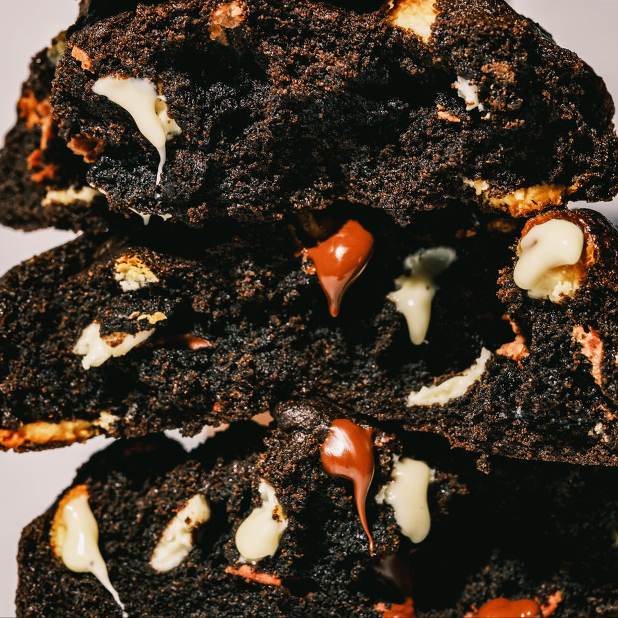 Inside a broken-open Triple Chocolate cookie
