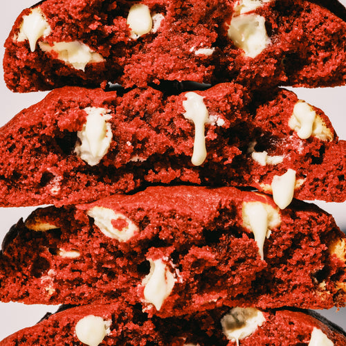 Red velvet & white chocolate cookies close-up.